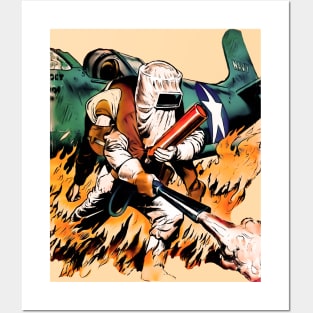 Rescuer Firefighter Extinguisher Flames Fire Pilot Airplane Star Vintage Retro Comic Posters and Art